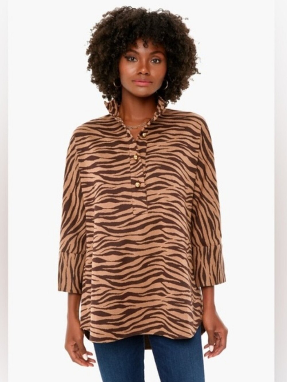 Tuckernuck Brown Zebra-Print Pullover Tunic Oversized Shirt Blouse - small